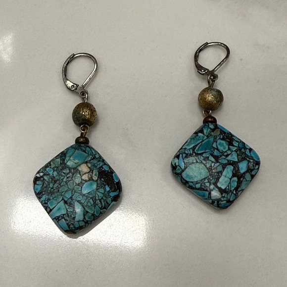 Turquoise Stone Dangle Earrings Gold Tone Accent Geometric Square Drop - Picture 2 of 2